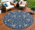 8 Navy Blue Gold And Ivory Round Floral Washable Indoor Outdoor Area Rug