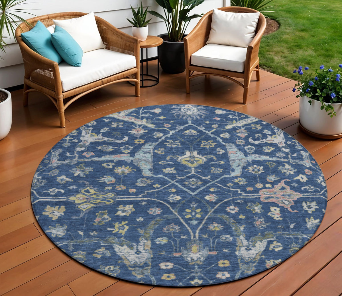 8 Navy Blue Gold And Ivory Round Floral Washable Indoor Outdoor Area Rug