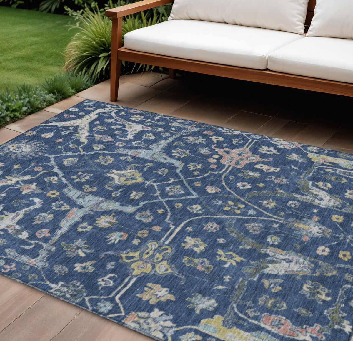 9 X 12 Navy Blue Gold And Ivory Floral Washable Indoor Outdoor Area Rug
