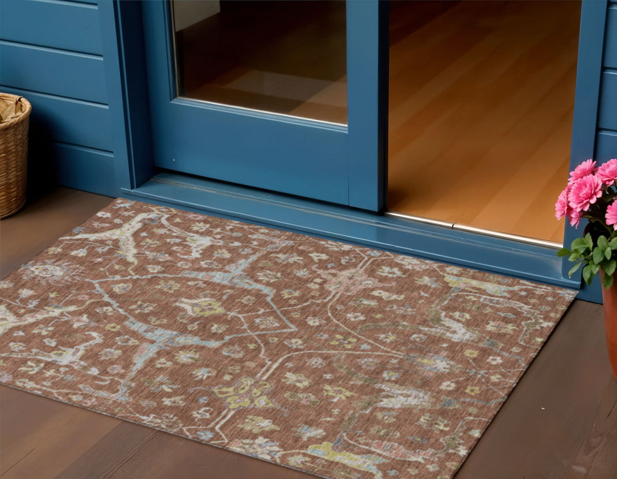 3 X 5 Rust And Ivory Floral Washable Indoor Outdoor Area Rug