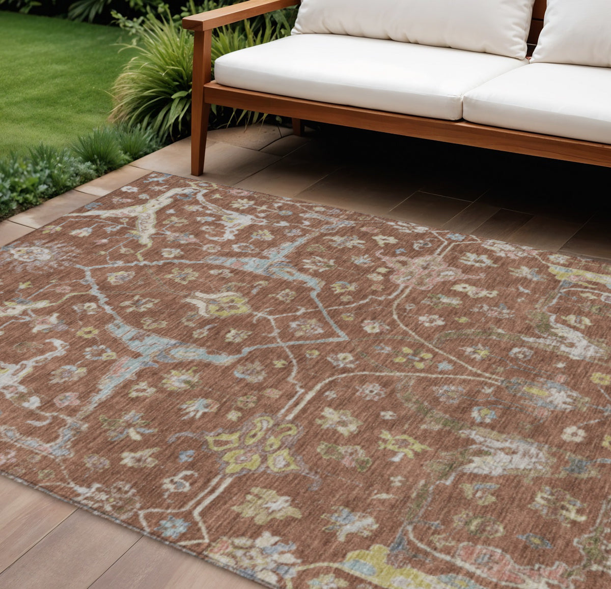 9 X 12 Rust And Ivory Floral Washable Indoor Outdoor Area Rug