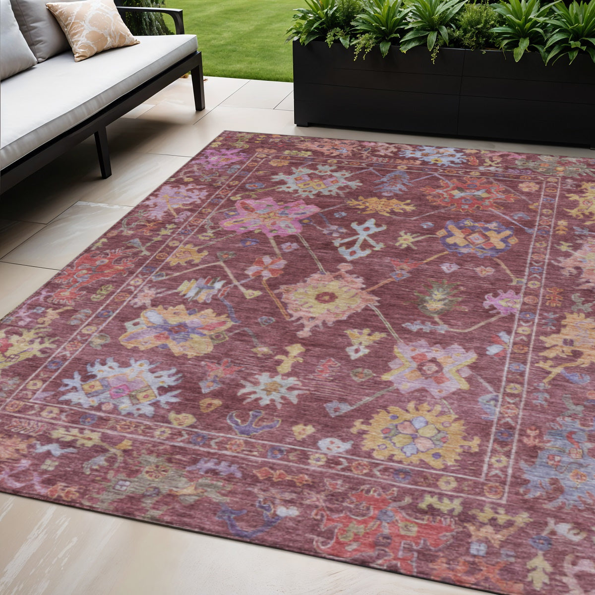 5 X 8 Burgundy Pink And Blue Floral Washable Indoor Outdoor Area Rug