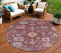8 Burgundy Pink And Blue Round Floral Washable Indoor Outdoor Area Rug