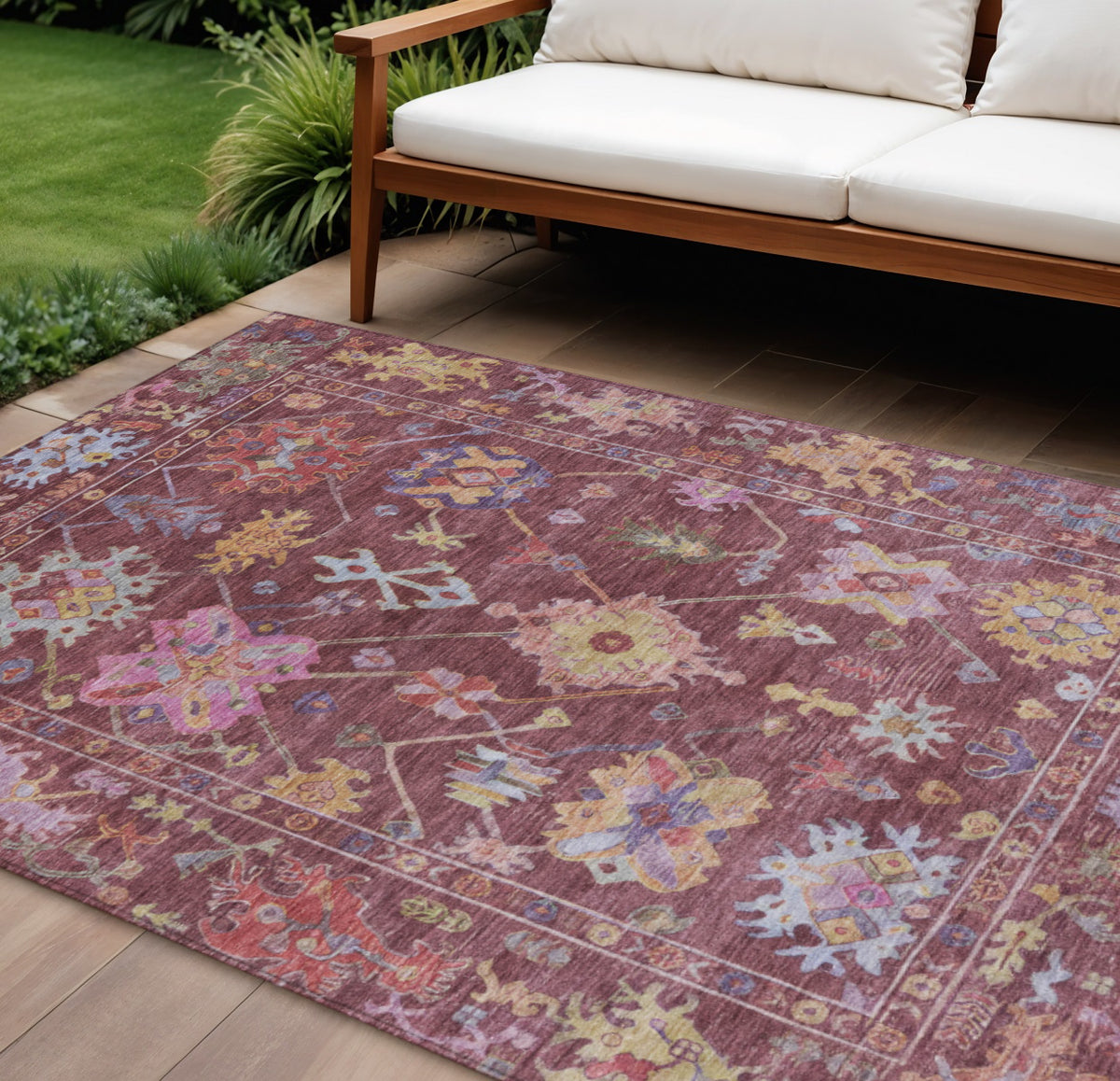 9 X 12 Burgundy Pink And Blue Floral Washable Indoor Outdoor Area Rug