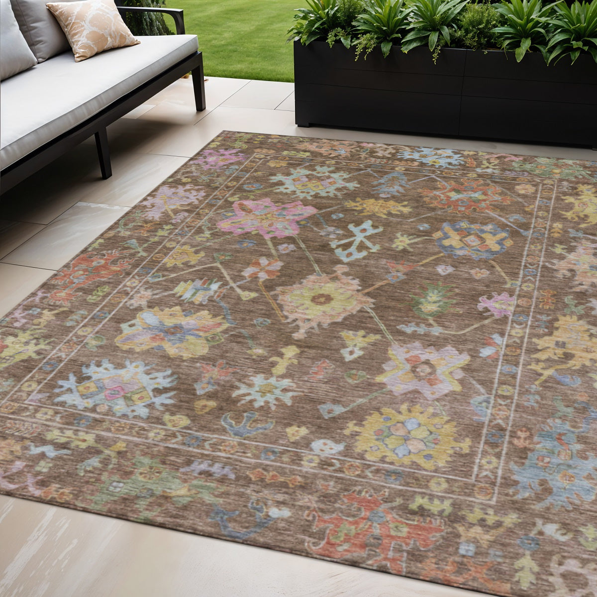 5 X 8 Brown Pink And Blue Floral Washable Indoor Outdoor Area Rug