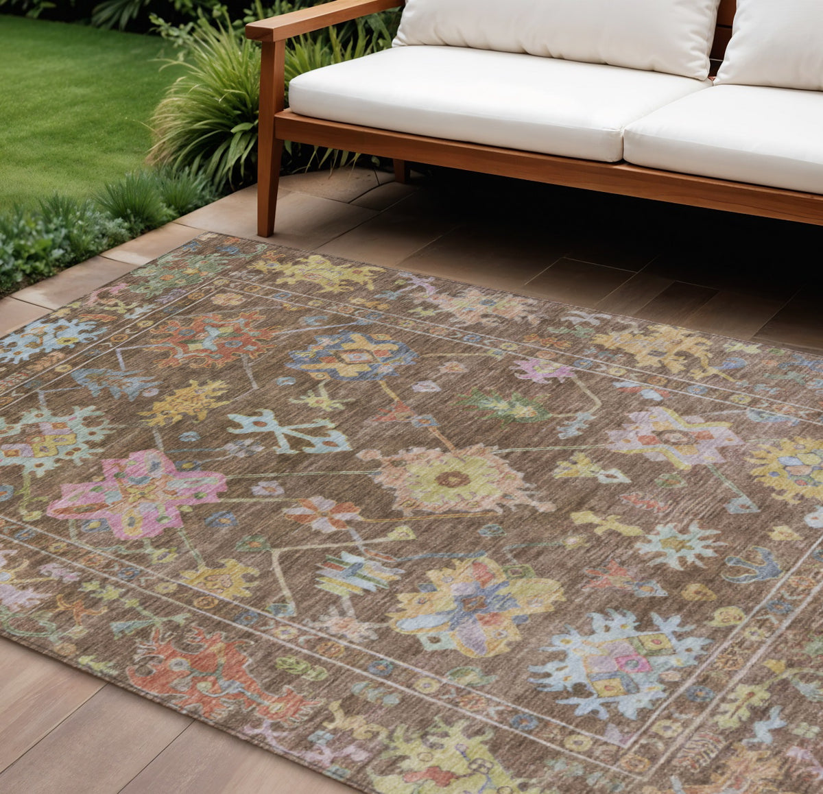9 X 12 Brown Pink And Blue Floral Washable Indoor Outdoor Area Rug