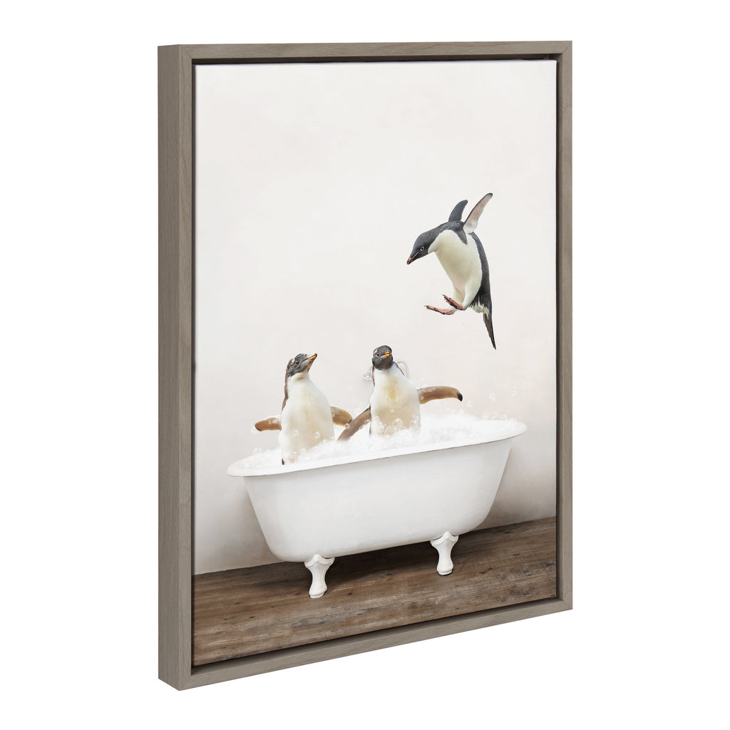 Sylvie Penguins Playing in Rustic Bath Framed Canvas by Amy Peterson Art Studio