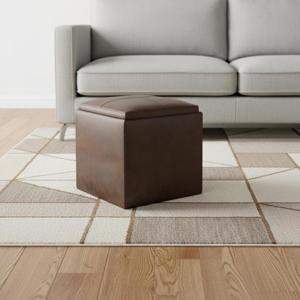 17 Inch Dark Brown Faux Leather Cube Ottoman With Storage