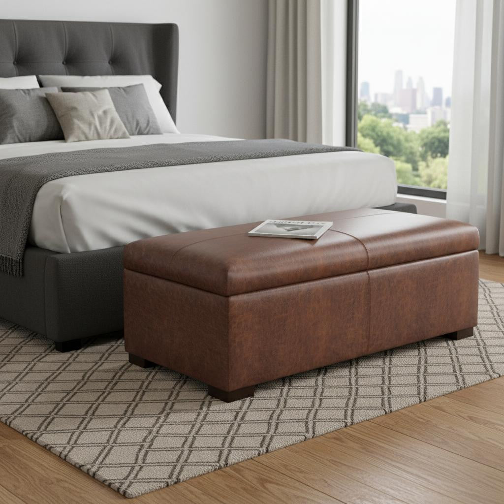 48 Inch Brown And Walnut Faux Leather Ottoman With Storage