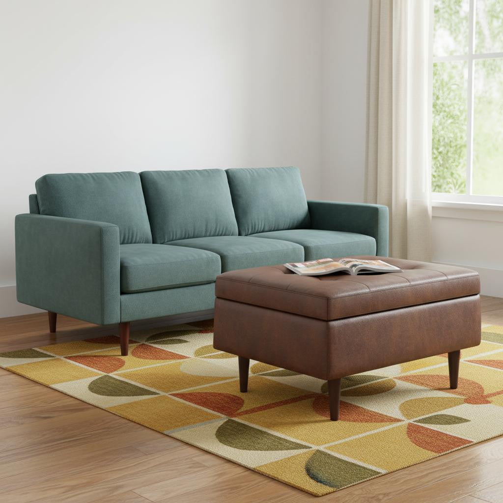 34 Inch Chestnut And Brown Faux Leather Tufted Ottoman With Storage