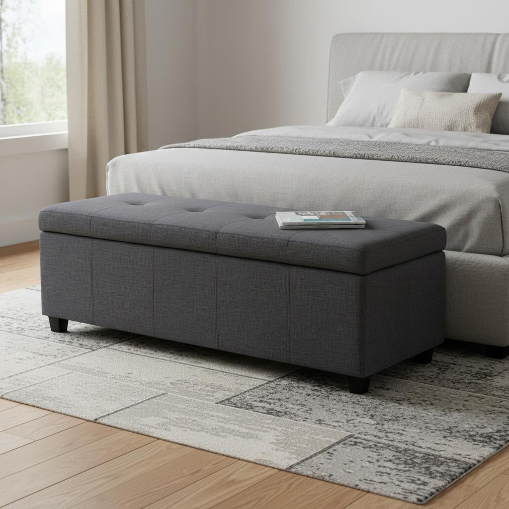 48 Inch Slate Gray And Dark Brown Linen Tufted Ottoman With Storage