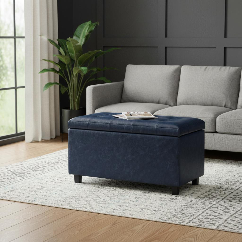 34 Inch Denim Blue And Dark Brown Ottoman With Storage