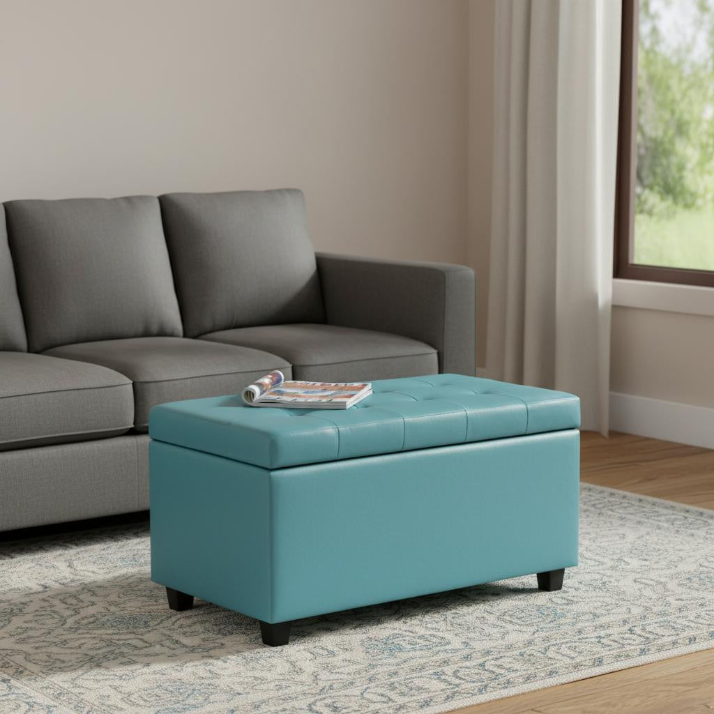 34 Inch Light Blue And Dark Brown Tufted Ottoman With Storage