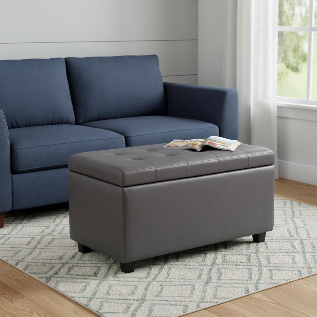 34 Inch Dark Gray And Stone And Dark Brown Faux Leather Tufted Ottoman With Storage