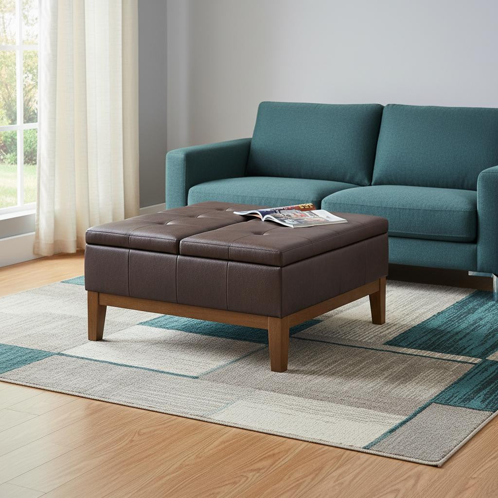 36 Inch Dark Brown And Walnut Tufted Ottoman With Storage