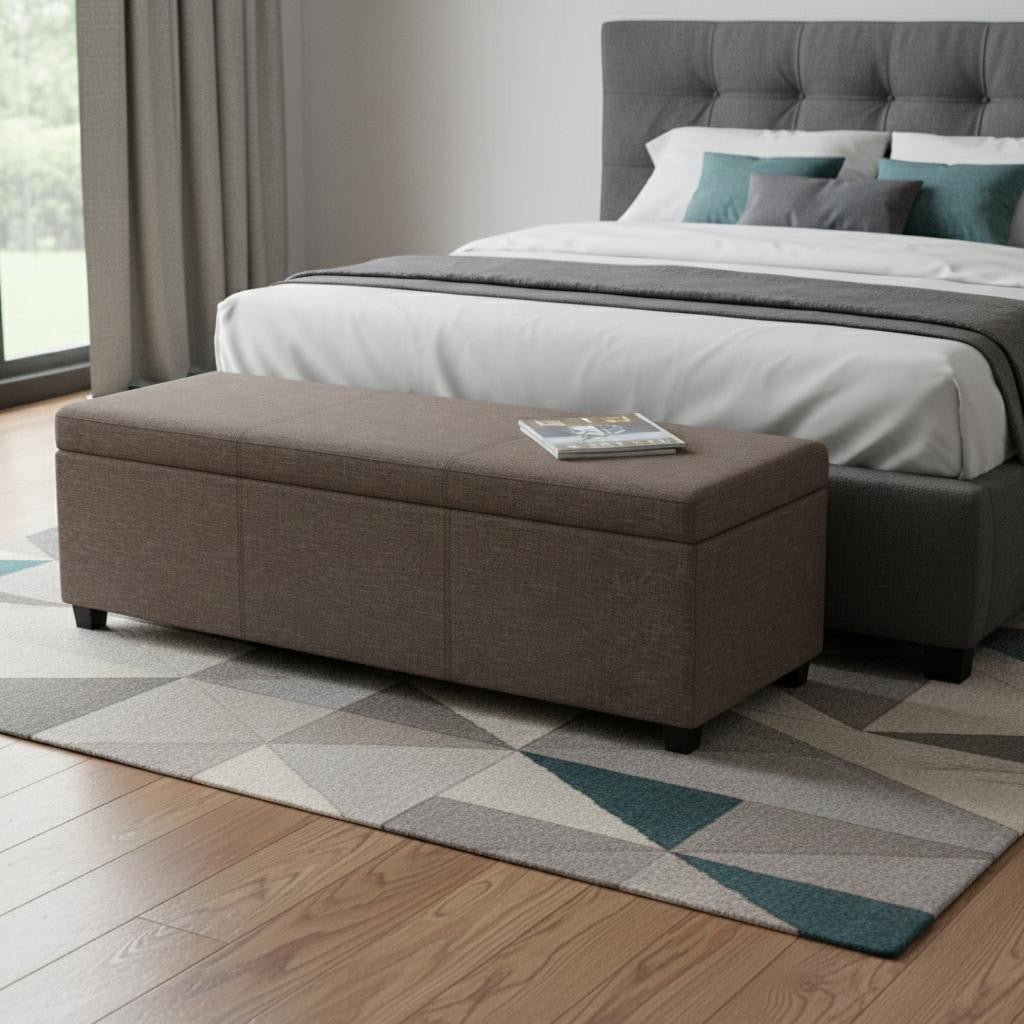 54 Inch Fawn and Dark Brown Faux Linen and Solid Wood Upholstered Storage Bench With Flip Top