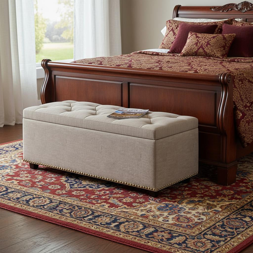 44 Inch Natural And Dark Brown Tufted Ottoman With Storage