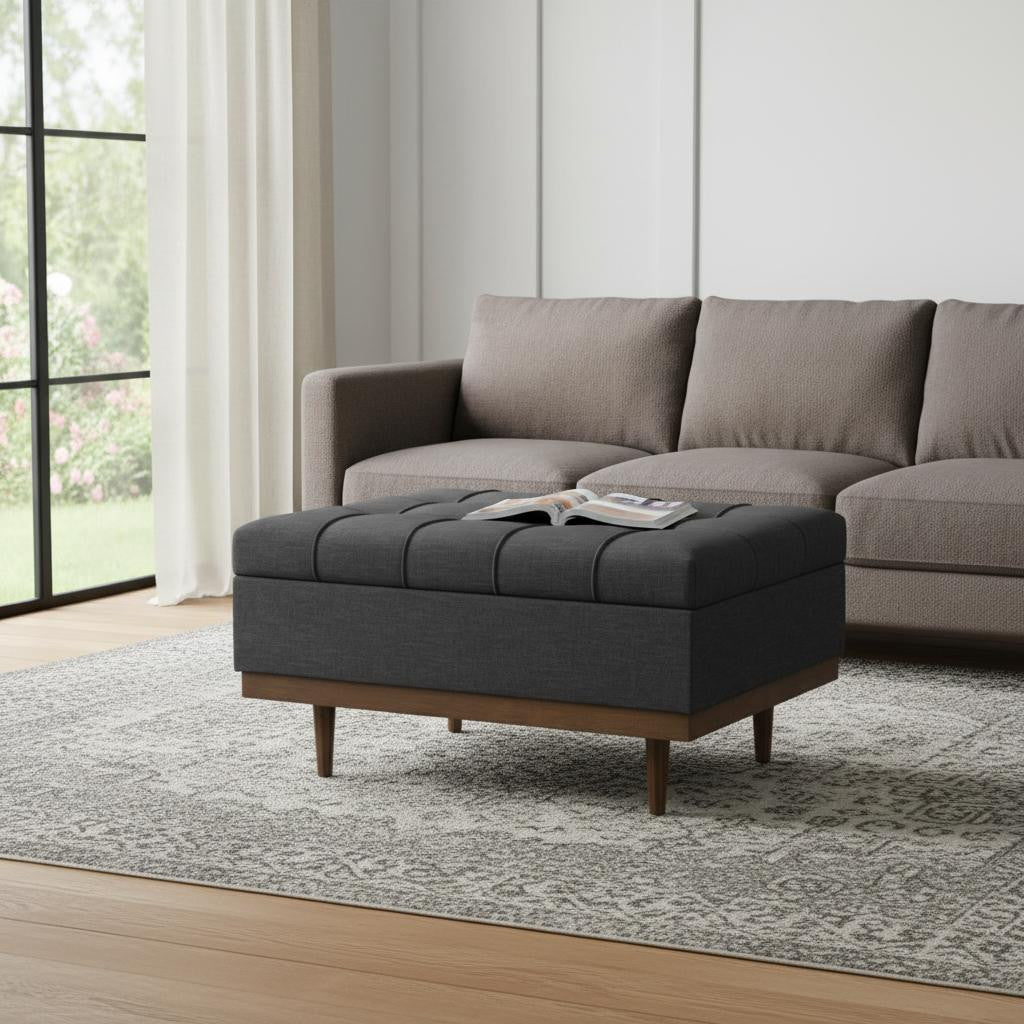 34 Inch Slate Gray And Walnut Tufted Ottoman With Storage