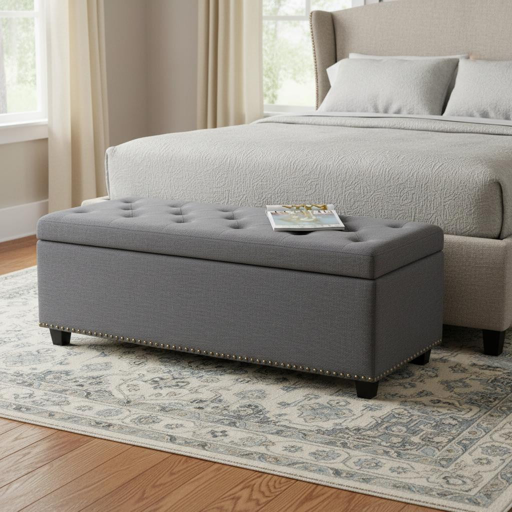 48 Inch Slate Gray And Dark Brown Tufted Ottoman With Storage