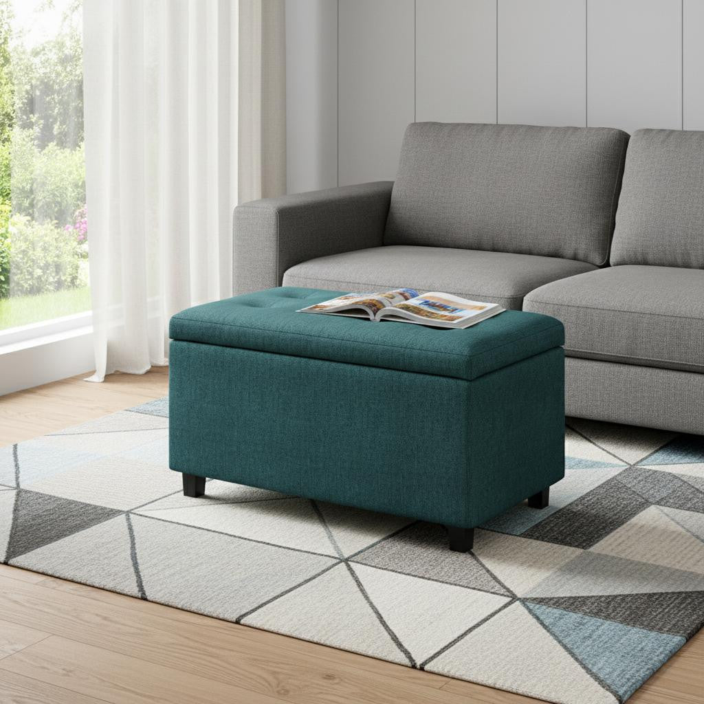 34 Inch Teal Blue And Dark Brown Tufted Ottoman With Storage