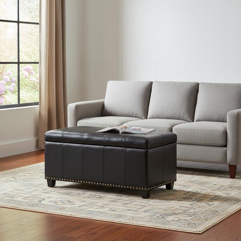 33 Inch Black and Espresso Faux Leather and Solid Wood Upholstered Storage Bench With Flip Top