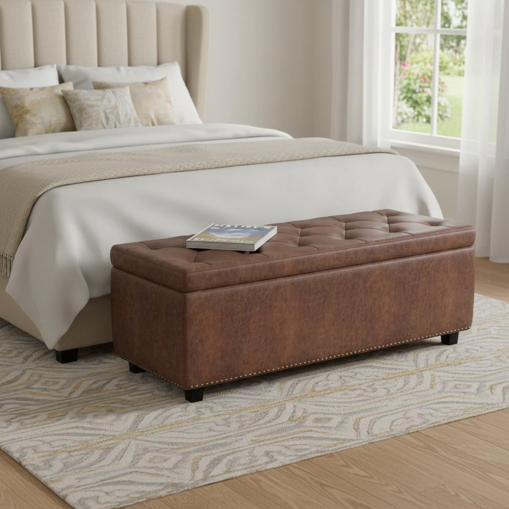 48 Inch Umber And Dark Brown Tufted Quilted Ottoman With Storage