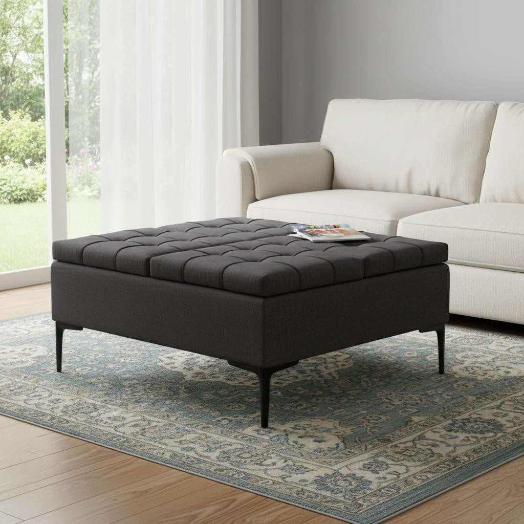 36 Inch Slate Gray And Black Tufted Ottoman With Storage