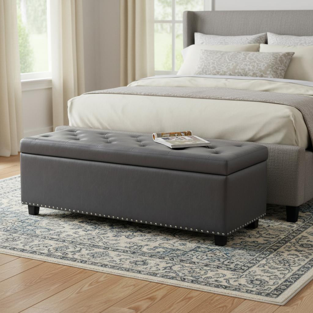 48 Inch Stone And Dark Brown Tufted Ottoman With Storage