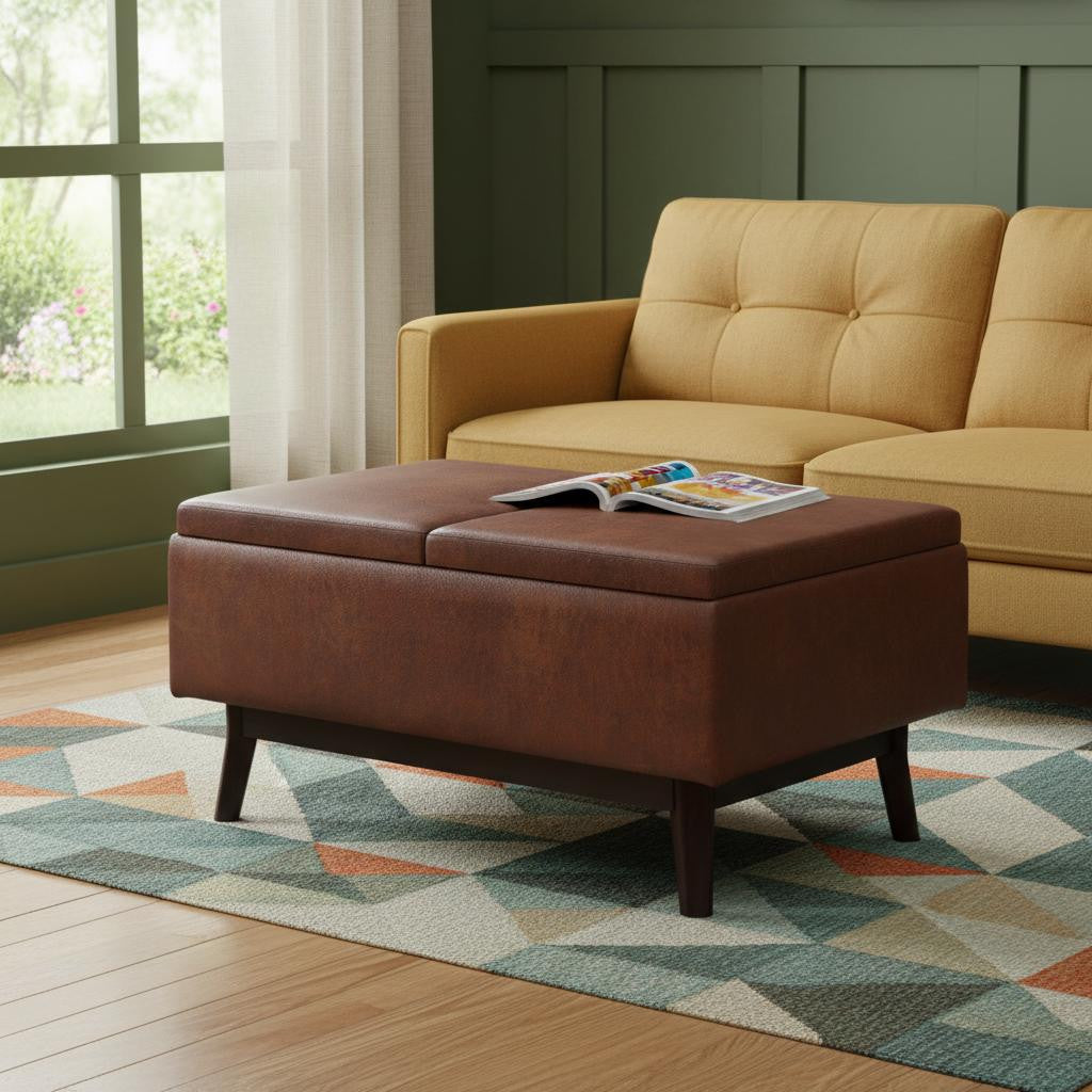 34 Inch Brown Faux Leather Ottoman With Storage