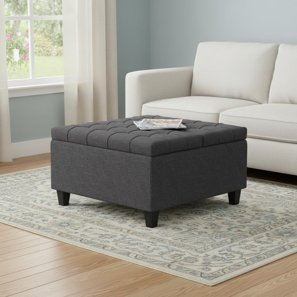 30 Inch Slate Gray And Brown Upholstery Tufted Ottoman With Storage