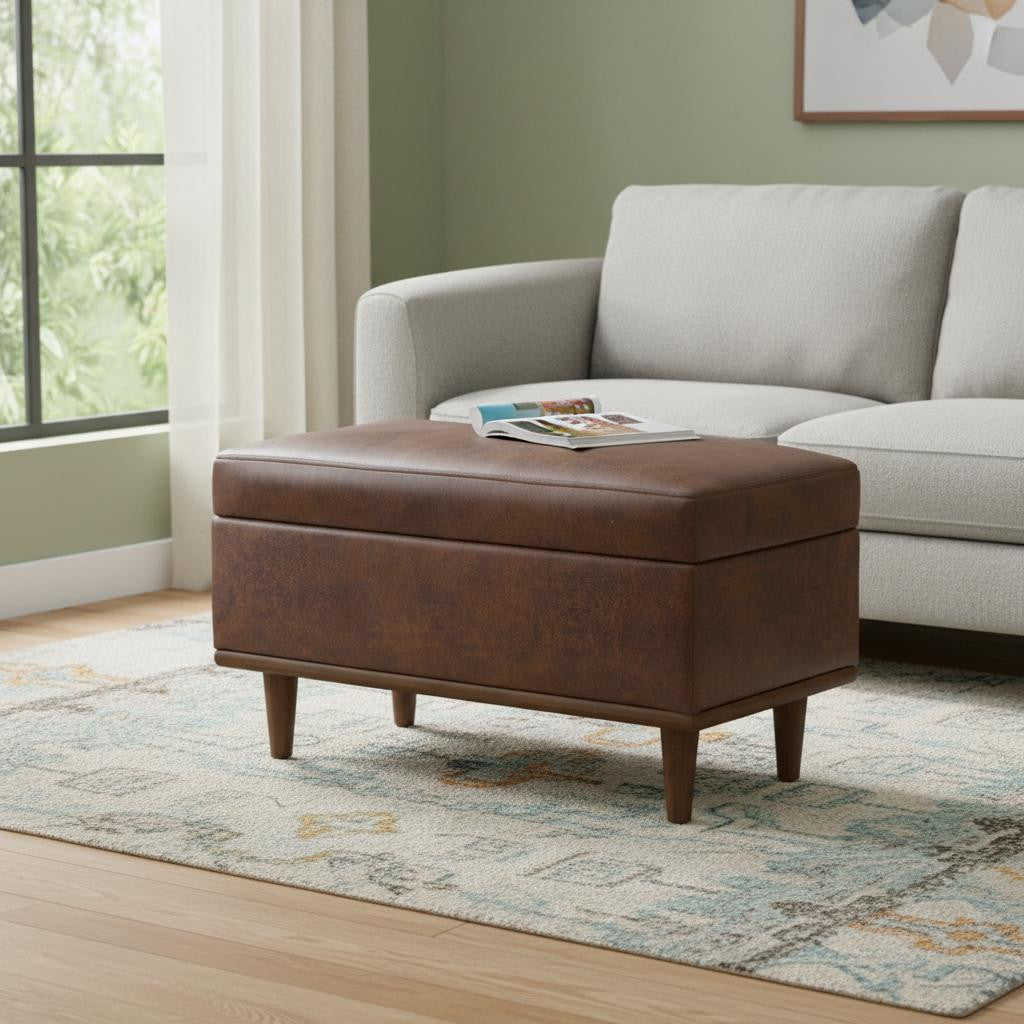 26 Inch Chestnut And Walnut Faux Leather Ottoman With Storage