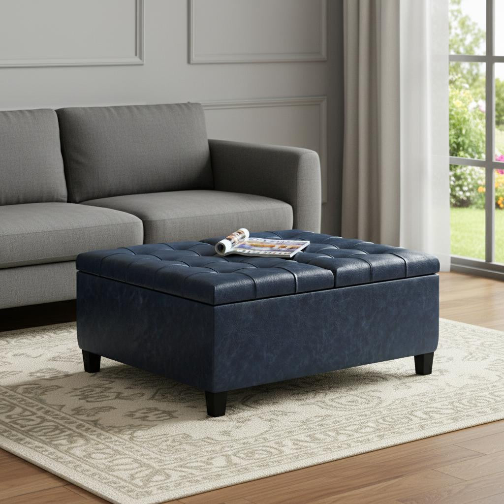 36 Inch Denim Blue And Espresso Faux Leather Tufted Ottoman With Storage
