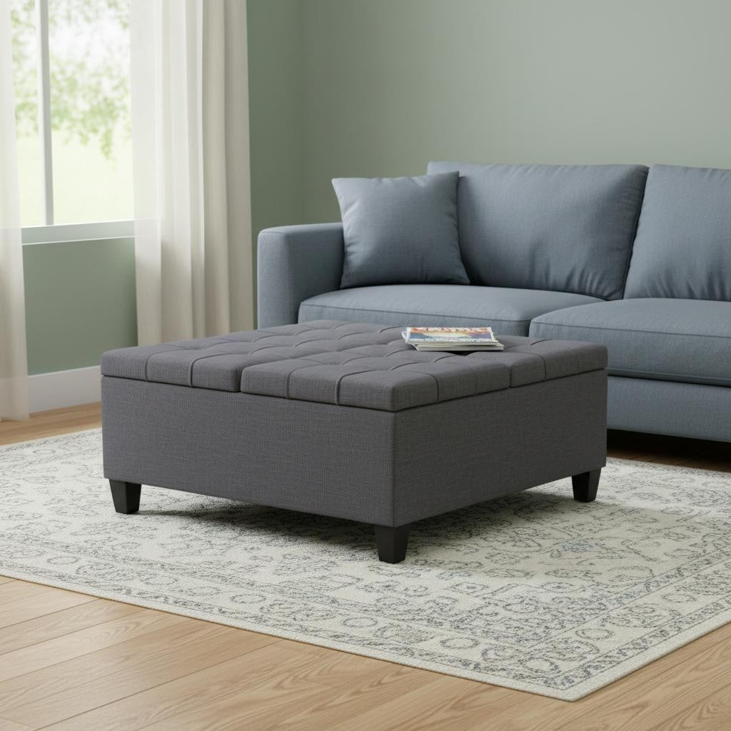 36 Inch Slate Gray And Espresso Upholstery Tufted Ottoman With Storage