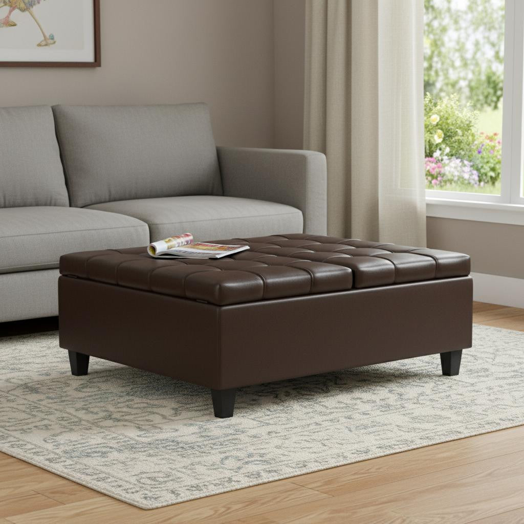 40 Inch Chocolate And Black Faux Leather Tufted Ottoman With Storage