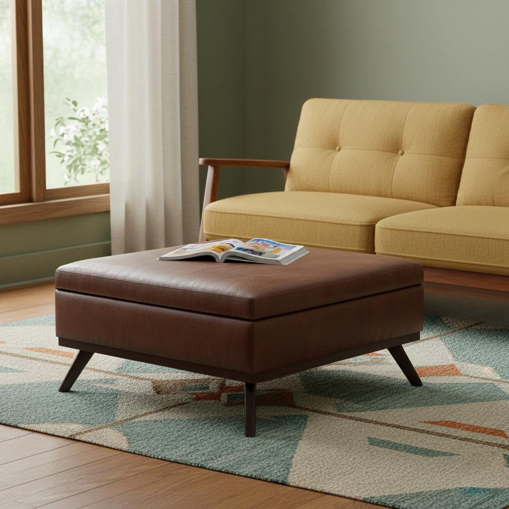 36 Inch Brown Faux Leather Ottoman With Storage