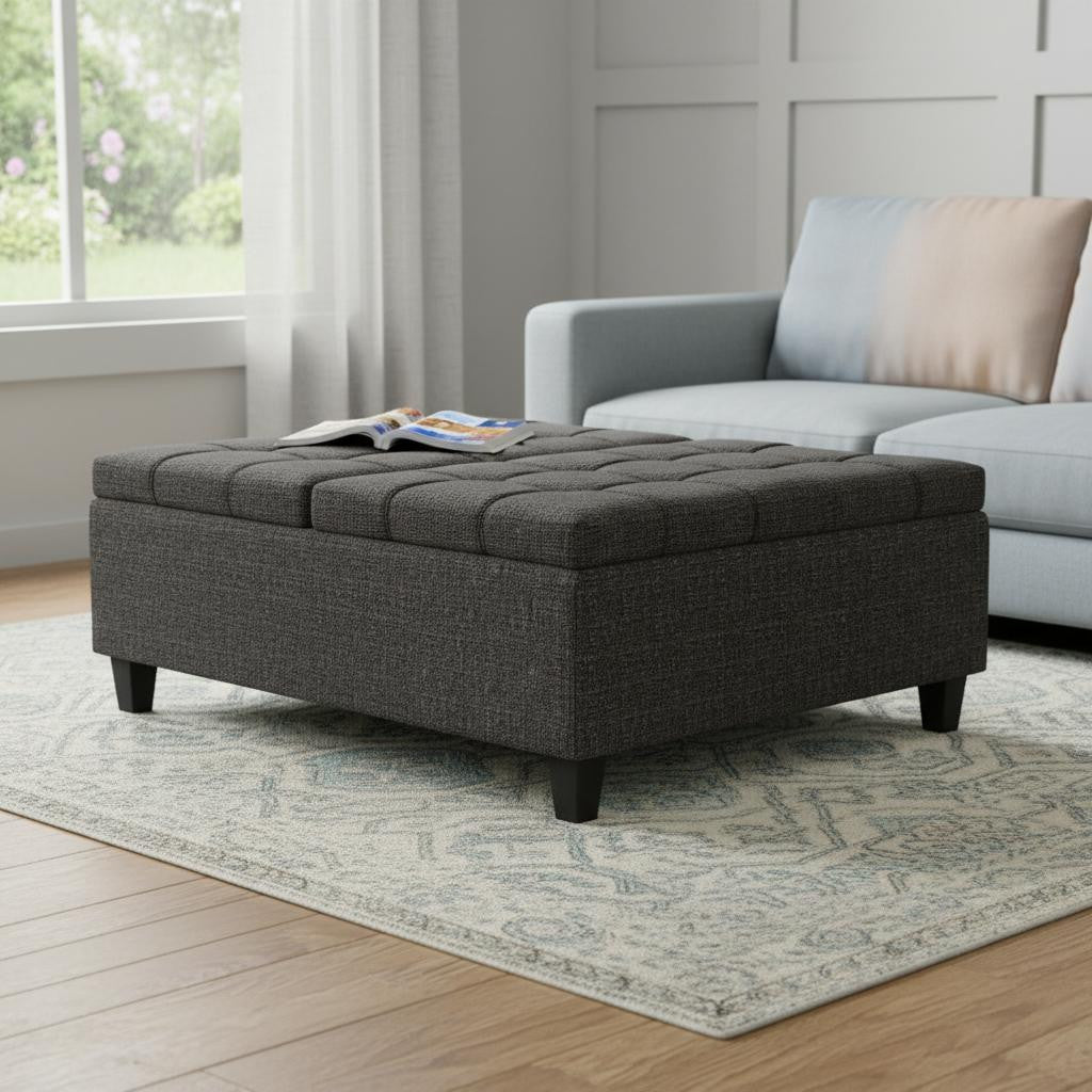 40 Inch Ebony And Black Upholstery Tufted Ottoman With Storage