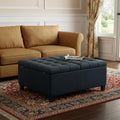 36 Inch Dark Blue And Espresso Faux Leather Tufted Ottoman With Storage