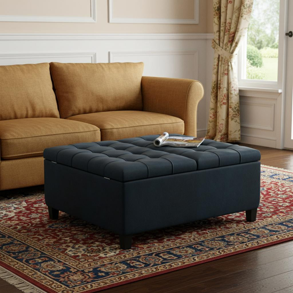 36 Inch Dark Blue And Espresso Faux Leather Tufted Ottoman With Storage