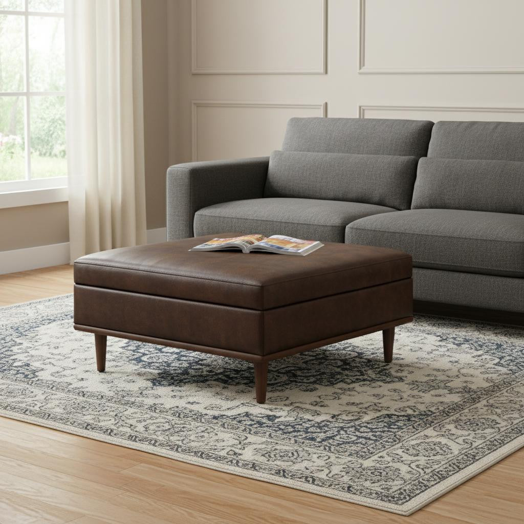 38 Inch Chestnut And Brown Faux Leather Ottoman With Storage