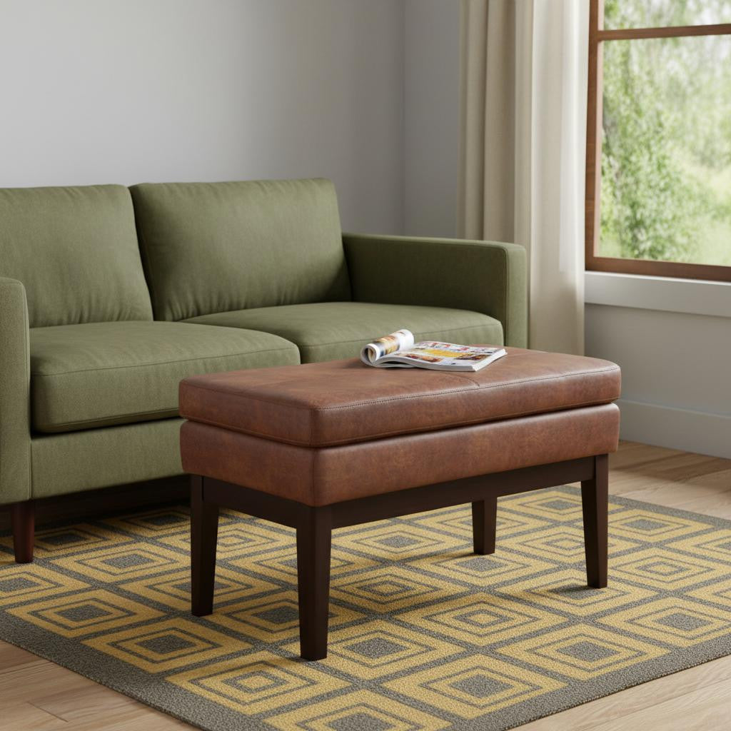 26 Inch Brown And Walnut Faux Leather Ottoman