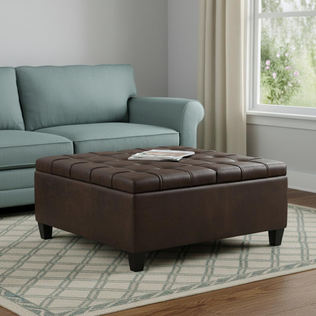 36 Inch Brown And Espresso Faux Leather Tufted Ottoman With Storage