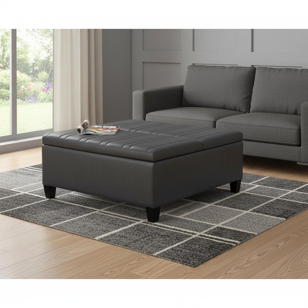 36 Inch Stone And Espresso Faux Leather Ottoman With Storage