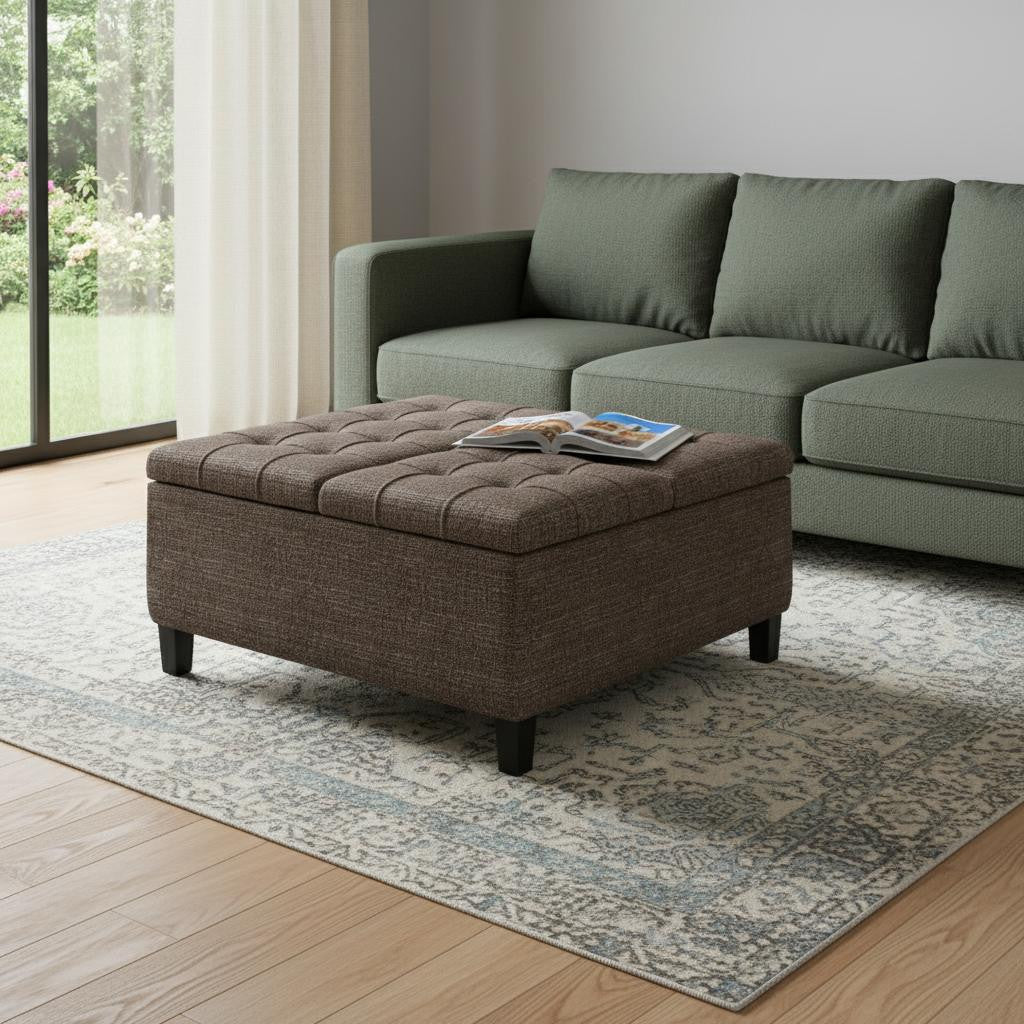 36 Inch Brown And Dark Brown Upholstery Tufted Ottoman With Storage