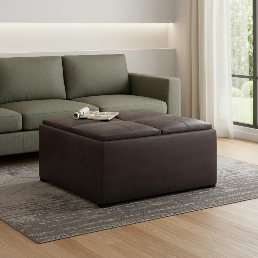 35 Inch Brown And Black Faux Leather Ottoman With Storage