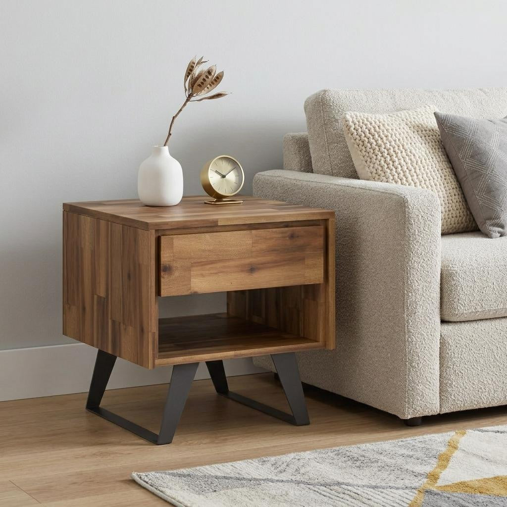22 Inch Natural and Black Distressed Solid Wood and Iron Square Sled End Table With Drawer And Shelf