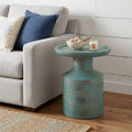 18 Inch Teal Blue Solid Wood Round Pedestal End Table