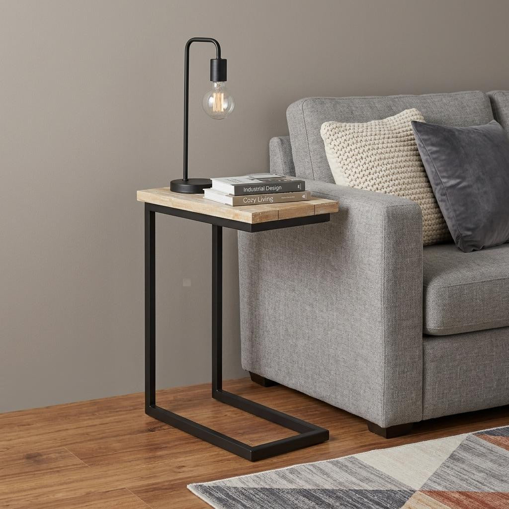 24 Inch Powder Coated Natural White and Black Distressed Solid Wood and Iron End Table