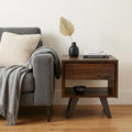 22 Inch Dark Brown Black and Varnished Distressed Solid Wood and Iron Square Sled End Table With Drawer And Shelf
