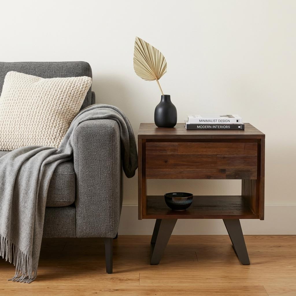 22 Inch Dark Brown Black and Varnished Distressed Solid Wood and Iron Square Sled End Table With Drawer And Shelf