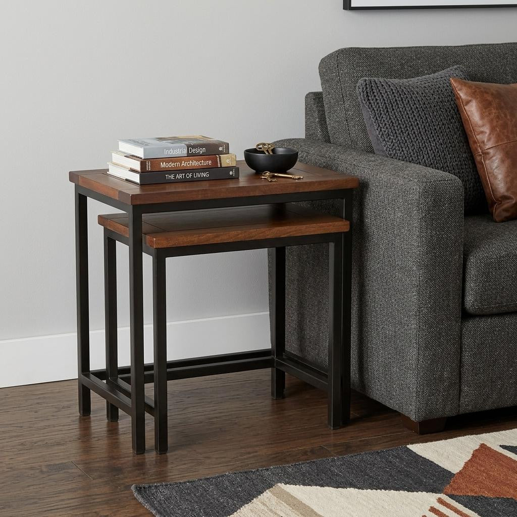 Set of Two Matte Dark Brown and Black Solid Wood and Steel Nested Tables